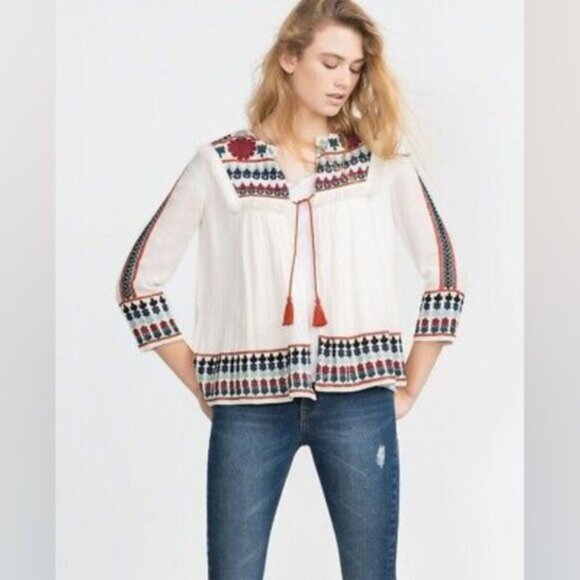 Zara Boho Gypsy Hippie Lagenlook Coastal Folk Art Coquette Traditional Blouse S - Picture 1 of 10